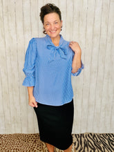 Lillian Bow Front Top- Blue & Ivory Striped
