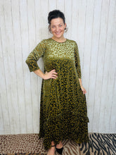 Kayla Ruffled Burnout Velvet Dress-Olive Leopard