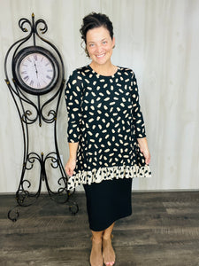 Samantha Ruffle High Low Tunic-Tan & Black Ink Blot