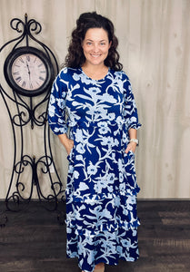 Amanda Royal Blue & Floral Ruffle Dress