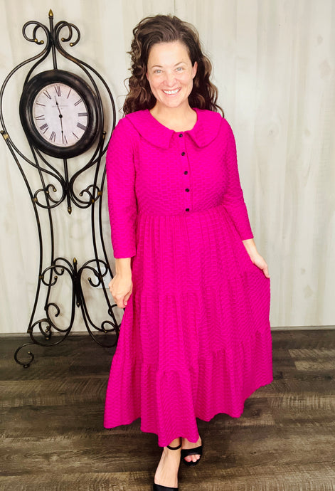 Magenta Honeycomb Buttons & Collar Dress