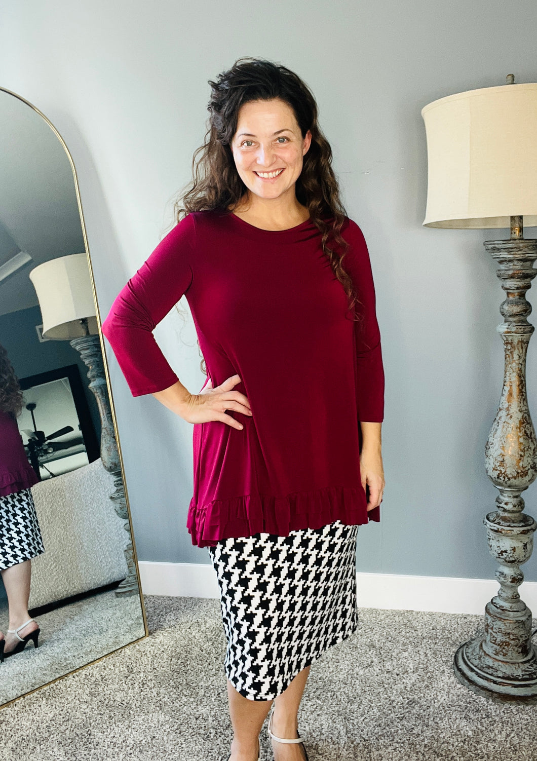 Maggie Double Ruffle High-Low Tunic-Burgundy