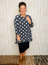 Samantha Ruffle High Low Tunic-Navy Polkadot