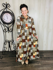 Kaylee Collared Animal Print Patchwork Dress