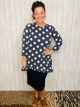 Samantha Ruffle High Low Tunic-Navy Polkadot