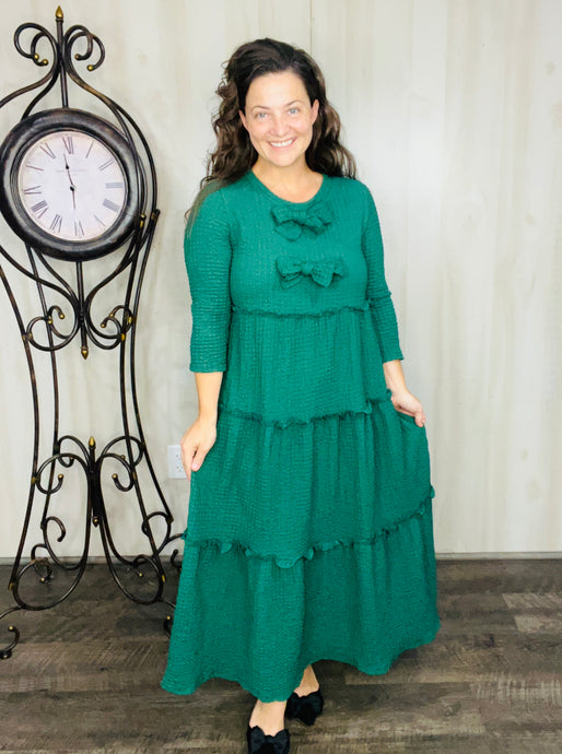 Tonya & Bows Textured Dress- Hunter Green