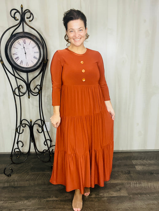 Tonya & Wood Button Dress- Brick