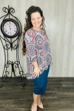 Samantha Ruffle High Low Tunic- Blue & Pink Geometric