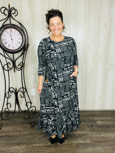 Misty Black Newsprint Button Dress