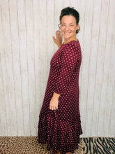 Burgundy & Pink Polkadot Dreams Ruffle Hem Dress