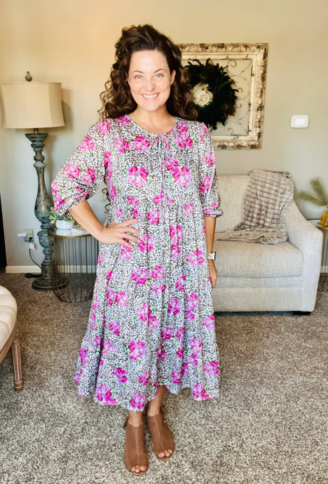 Cassie Marie Tiered Boho Style Dress-Floral & Leopard