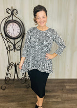 Samantha Ruffle High Low Tunic-Black & White Geometric