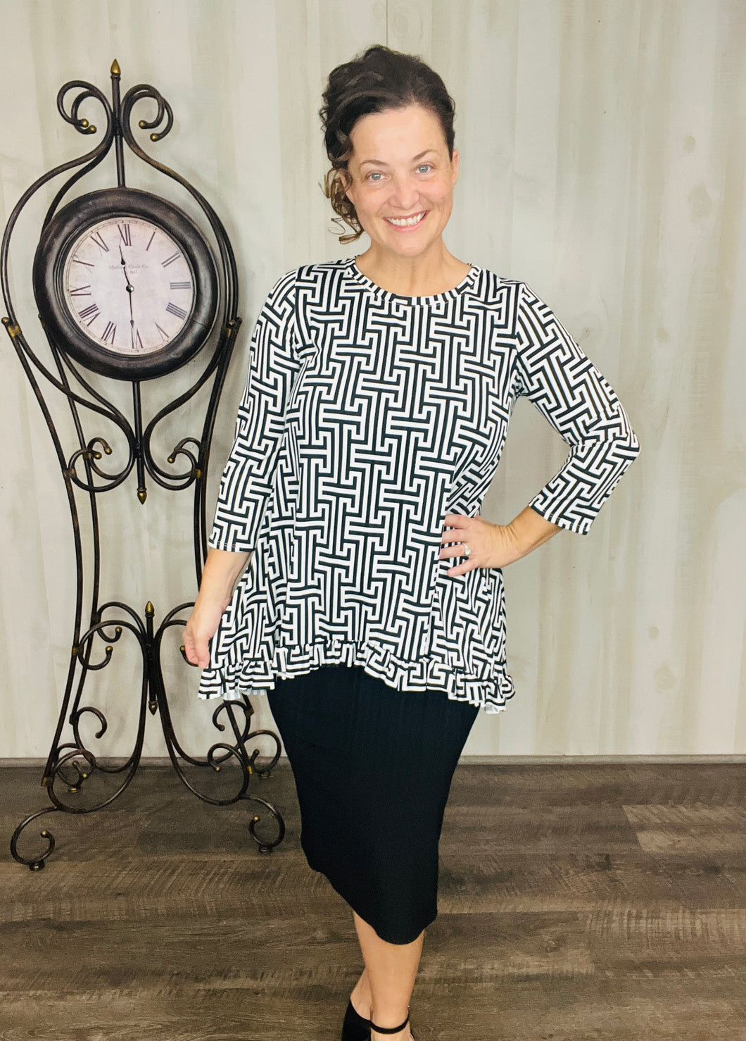 Samantha Ruffle High Low Tunic-Black & White Geometric