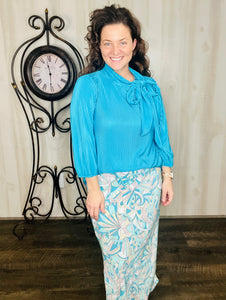 Amy Turquoise Mix Print Bodre Pencil Skirt-Regular & Plus