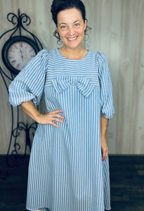 Mandy Pinstripe & Bow Dress- Chambray