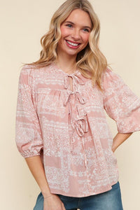 Kara Ribbon & Bow Patchwork Print Top