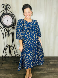 Mandy Animal Print & Bow Dress- Navy