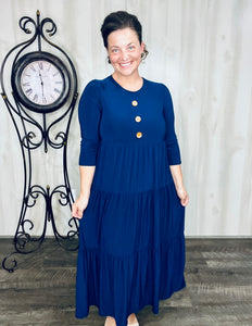 Tonya & Wood Button Dress- Navy
