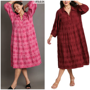 Cindy Jacquard Puff Sleeve Dress Plus-(Rose or Wine)