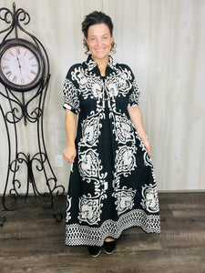 Melanie Boho Smocked Front Dress-Black