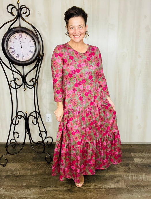 Tonya Tiered Dress- Olive Floral