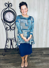 Samantha Ruffle High Low Tunic-Blue Patchwork & Floral