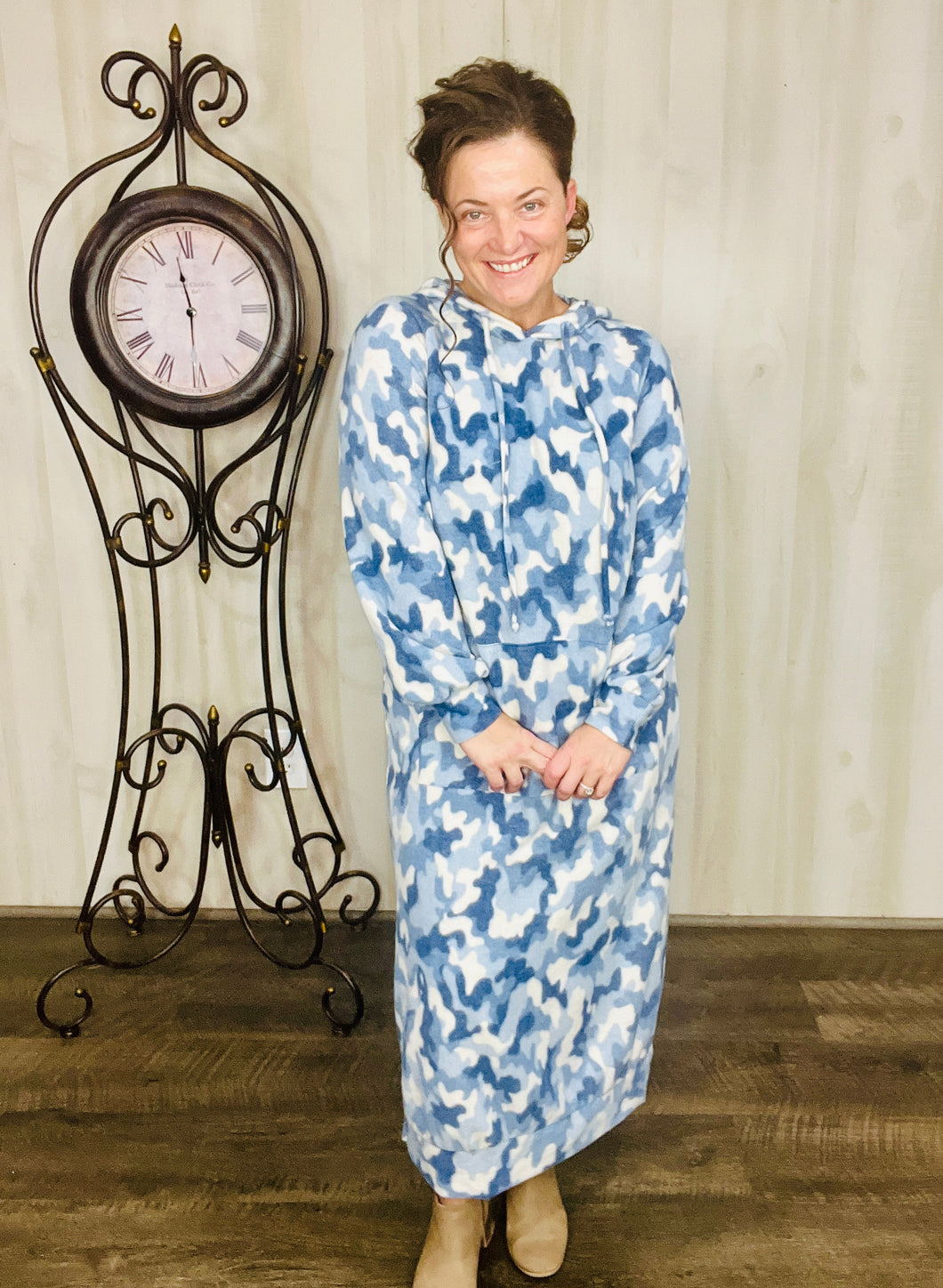 Winter Vibes Sweatshirt Hoodie Dress- Blue Camo