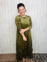 Kayla Ruffled Burnout Velvet Dress-Olive Leopard