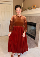 Amanda Velvet Two Tone Dress- Copper & Rust