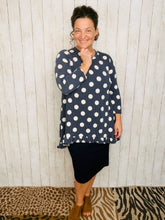 Samantha Ruffle High Low Tunic-Navy Polkadot