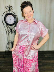 Metallic Short Sleeve Buttons Shirt-Pink or Rose Red