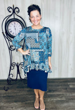 Samantha Ruffle High Low Tunic-Blue Patchwork & Floral