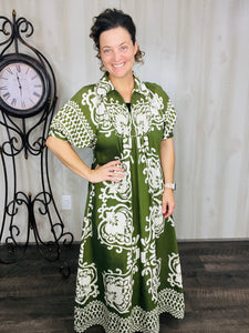 Melanie Boho Smocked Front Dress- Olive