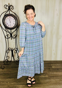 Cassie Marie Tiered Boho Style Dress-Purple & Ivory Plaid