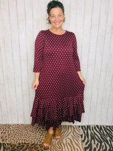 Burgundy & Pink Polkadot Dreams Ruffle Hem Dress