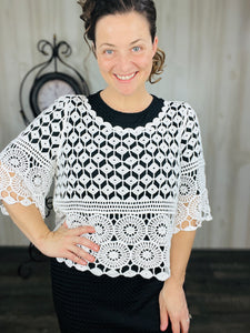 Hook Flower Hollowed Out Fashion Top: Beige or White