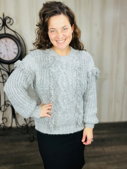 Gray Fringe Knit Sweater