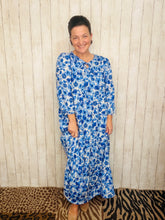 Cassie Tiered Boho Style Dress-Blue & Ivory Floral