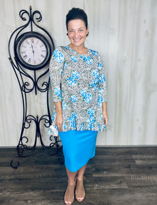 Samantha Ruffle High Low Tunic-Leopard & Blue Roses