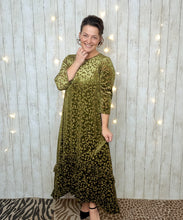 Kayla Ruffled Burnout Velvet Dress-Olive Leopard