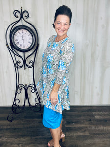 Samantha Ruffle High Low Tunic-Leopard & Blue Roses