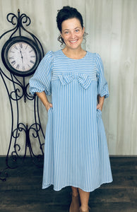 Mandy Pinstripe & Bow Dress- Chambray