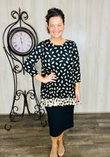Samantha Ruffle High Low Tunic-Tan & Black Ink Blot