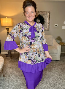 Jasmine Bow & Ruffle Tunic- Purple & Floral