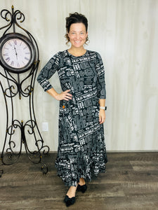 Misty Black Newsprint Button Dress