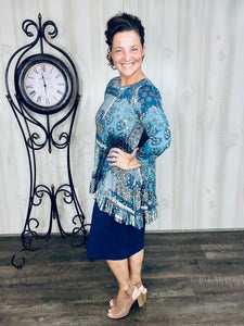 Samantha Ruffle High Low Tunic-Blue Patchwork & Floral