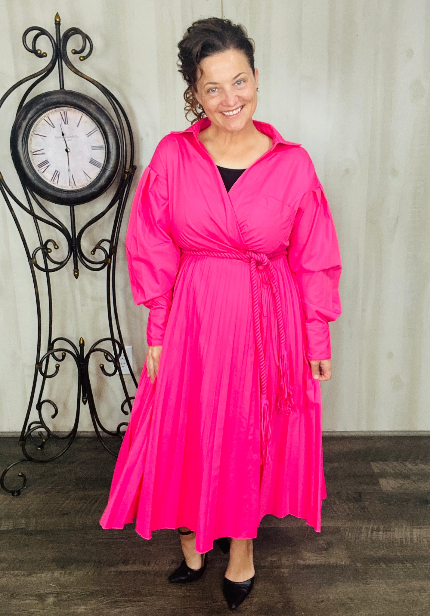 hot pink pleated dress Haisely Midi Dress-Hot asymmetrical touch that highlights your decolletage Inspire Chic Women's Pleated Dress