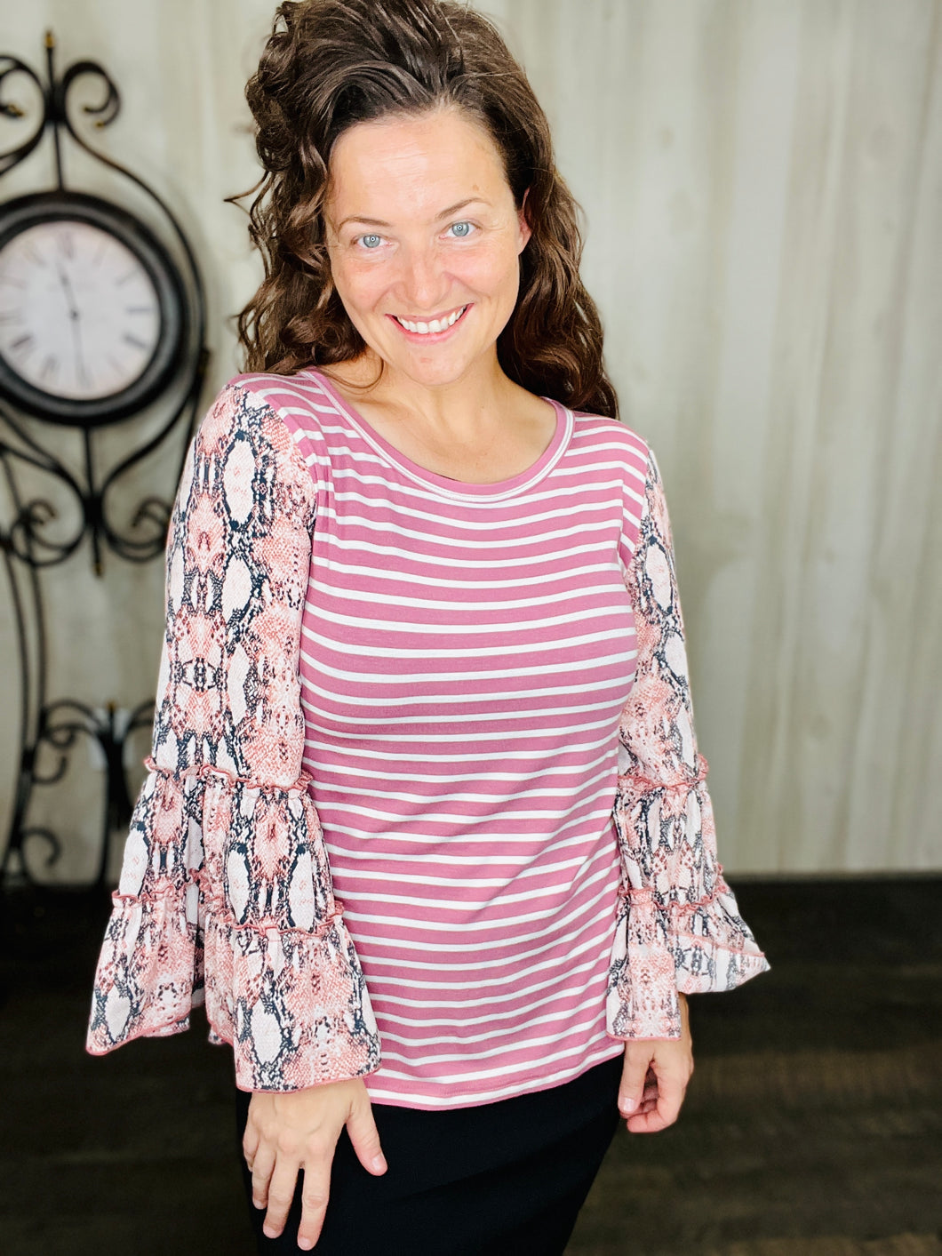 Mauve & Animal Print Bell Sleeve Top