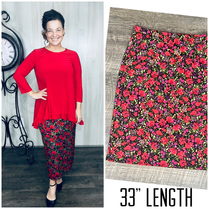 Amy Thicker Fabric Pencil Skirt- (Regular & Plus) -Multi Red (33