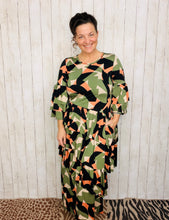 Candice Three Ruffle Dress- Olive Geometric Style